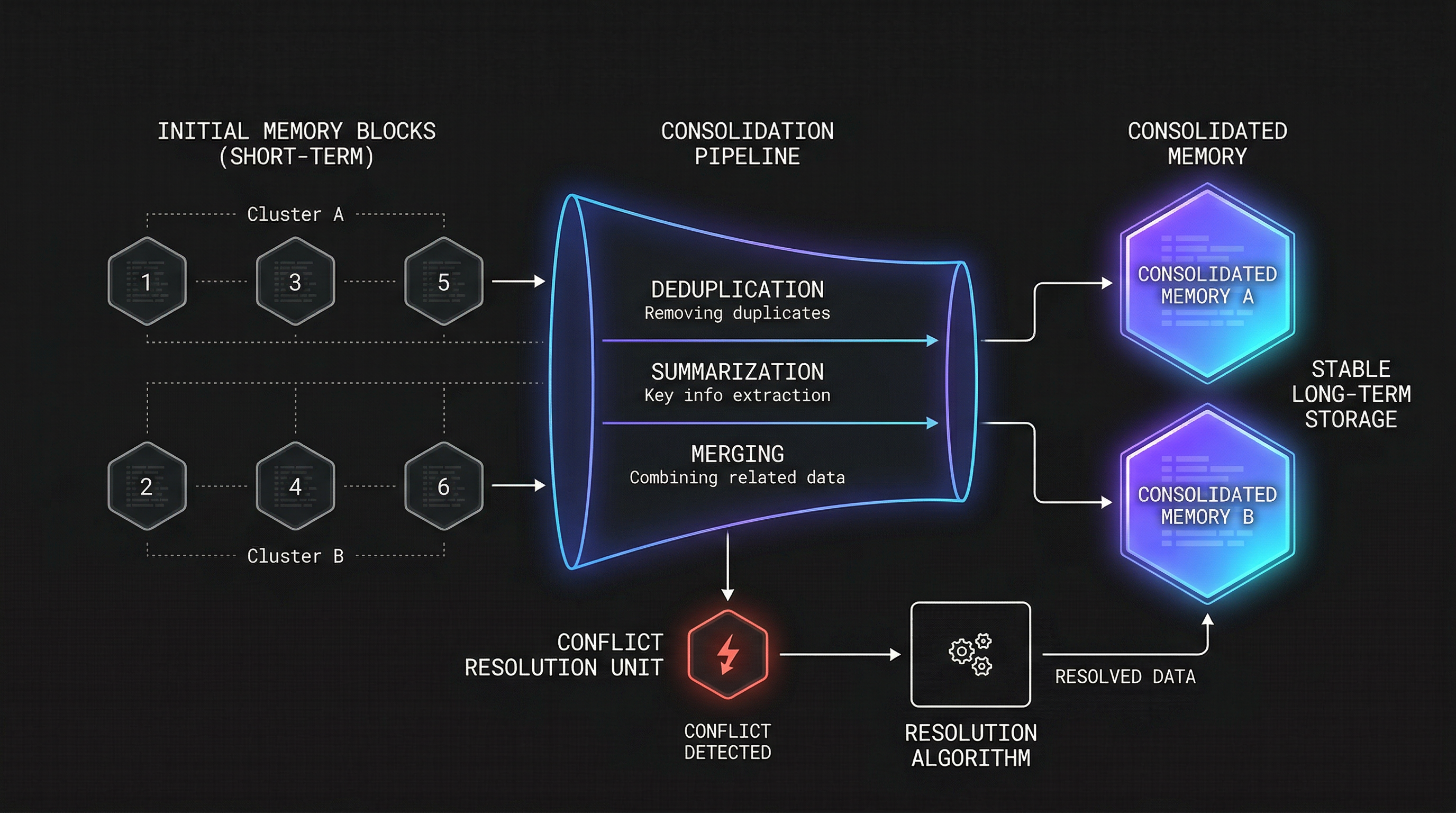Diagram showing the memory consolidation pipeline: initial memory blocks grouped into clusters flow through a consolidation funnel with deduplication, summarization, and merging stages, producing consolidated long-term memory. A separate conflict resolution branch handles contradicting memories.
